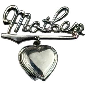 Vintage Script Mother Heart‎ Dangle Brooch Silver Tone Sentimental Jewelry 2in